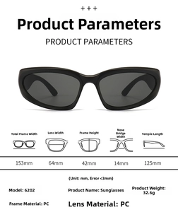 Detailed dimensions of Y2K wraparound sunglasses showing 153mm frame width and 32.6g weight
