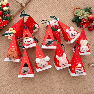 Christmas coral fleece socks in festive triangle gift boxes with cute plush character toys