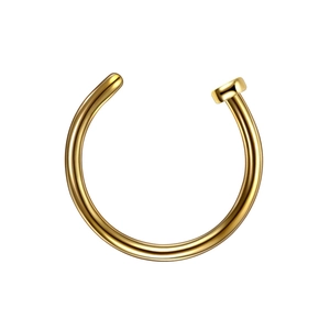 Macro detail of golden C-shaped nose ring with polished finish and flat head design