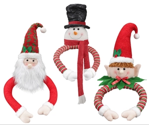 Three plush Christmas figurines including Santa, Snowman, and Elf with bendable arms for trees