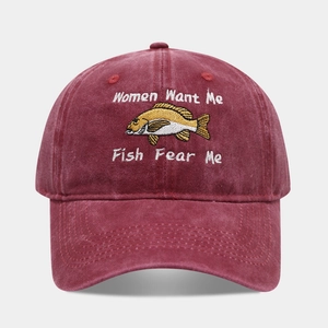 Vintage washed cotton baseball cap in burgundy with fish embroidery for outdoor leisure