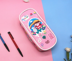 Pink cartoon PU leather pencil case with cute girl illustration and flower pattern