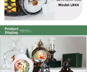 Detail of Christmas lantern battery compartment and group display with Santa Claus figures