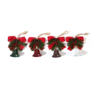 Set of four rustic Christmas bells with pine needles, cones, and berries for holiday decor