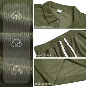 Olive green corduroy shirt and pants set showing collar, waist and texture details