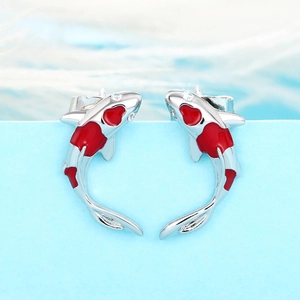 Silver plated koi fish stud earrings with red enamel and zircon on blue card