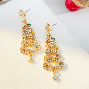 Detailed macro view of Christmas tree earrings featuring colorful crystals and gold plating