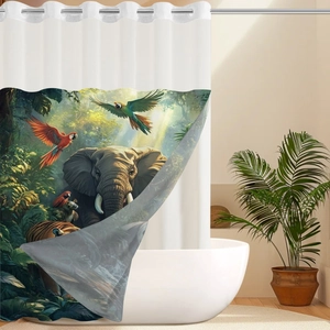 Detail of waffle shower curtain with tropical jungle animals and metal ring grommets
