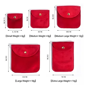 Size chart for velvet jewelry pouches showing dimensions and weights for five varied sizes