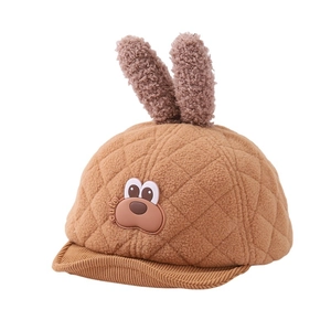 Winter plush baby baseball cap with cute bunny ears and cartoon dog embroidery