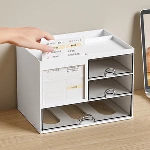 White desk organizer with transparent drawers for stationery storage and office supplies