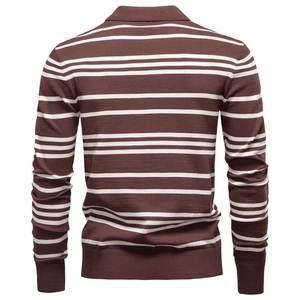 Rear view of men's brown striped knit sweater with white horizontal lines and polo collar