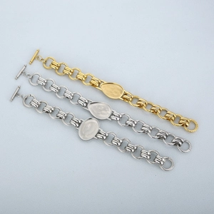 Chunky stainless steel double O-chain bracelet with water-drop charm and toggle clasp