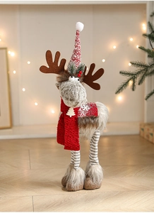 Standing Christmas reindeer figurine with red knitted scarf and striped legs for holiday decor
