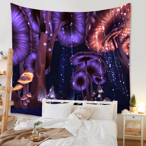Close-up detail of glowing forest mushroom tapestry on a cozy bedroom wall
