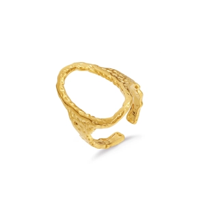 Adjustable golden stainless steel open ring with artistic irregular lava texture design
