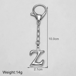 Detailed size view of silver letter Z keychain showing 10cm length and 14g weight