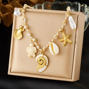 Stainless Steel Ocean Theme Pendant Necklace With Woven Rope Starfish Shell Turtle Faux Artificial Pearl Bohemian Beach Jewelry For Women