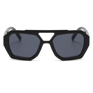 Retro double-bridge sunglasses with black geometric frames and dark grey lenses