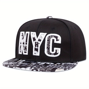 Flat brim NYC hip-hop hat in black with white embroidery and street style graffiti pattern