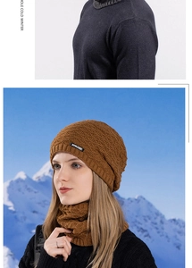 Detail of caramel brown winter knit hat and neck warmer set with thick ribbed texture
