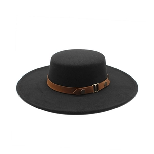 Classic black wool felt boater hat with a brown leather belt buckle detail on white backdrop