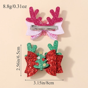 Glitter reindeer antler and Christmas tree bow hair clips set for kids holiday hair accessory