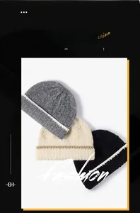 Detailed knit texture and color options for winter beanie hats in grey, beige, and black