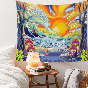 Detailed close-up of psychedelic wall tapestry with sun, ocean waves and mushroom art