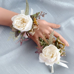 Ivory White Satin Rose Wedding Boutonniere And Wrist Corsage Set Faux Artificial Pearl Ribbon Groom Groomsmen Bridesmaid Decor