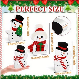 Detailed dimensions of four wooden snowman Christmas ornaments with height and thickness info