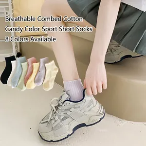 Breathable cotton ankle socks in 8 candy colors for women, featuring ribbed cuffs