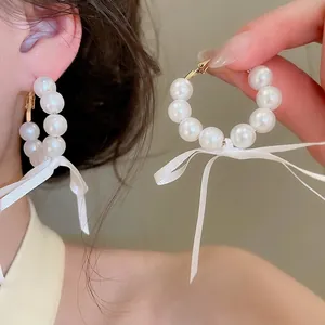 French Elegant Bow Artificial Pearl Hoop Earrings For Women Sweet White Satin Ribbon Dangle Earrings Silver Earring Post Jewelry