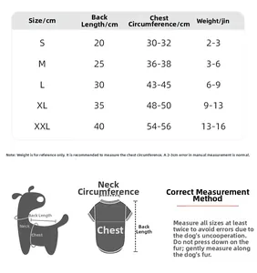 Detailed pet clothing size chart for winter warm fleece dog jackets with measuring guide
