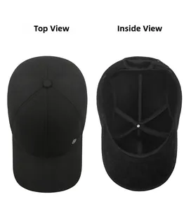 Top and interior view of a black winter baseball cap with reinforced inner stitching