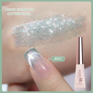 Macro view of Aurora crushed ice cat eye gel nail polish #007 with silver blue shimmer