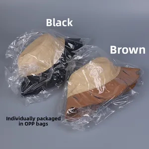 Cappelli a secchiello in paglia con tesa in pelle neri e marroni in confezione sacchetto OPP