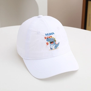 Close-up of white children baseball cap with colorful cartoon dinosaur embroidery and lettering