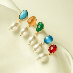 Artificial Baroque Pearl Dangle Earrings For Women Faceted Colorful Zircon Copper 18K Gold Plated Elegant Geometric Jewelry