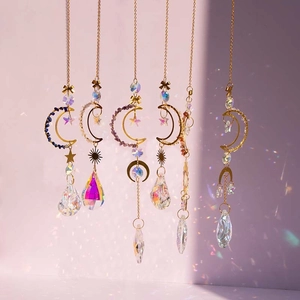 Crystal Suncatcher Hanging Ornament Moon Star Gold Metal Prism Rainbow Maker Home Garden Window Decoration Natural Stone