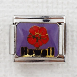 Italian charm link with purple enamel Hawaii floral design and golden lettering