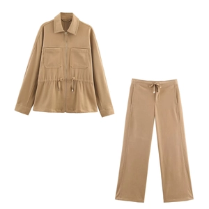Ensemble deux pièces kaki pour femme avec veste à col, taille ajustable et pantalon large