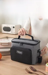Detail of insulated lunch bag with thick oxford fabric and durable shoulder strap