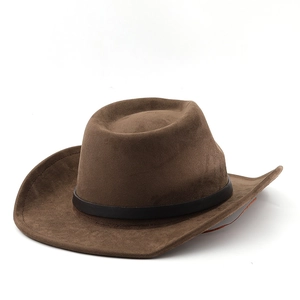 Detail of a brown western cowboy hat in faux suede with a black leather band on white background