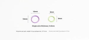 Detailed view of 8mm and 10mm colorful open jump rings for DIY jewelry making