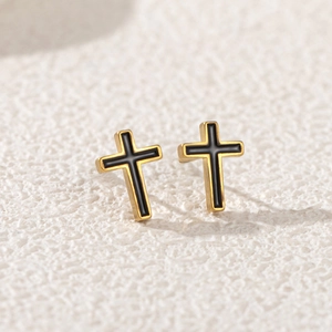 18k gold plated stainless steel cross stud earrings with black enamel inlay for women