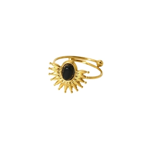 Vintage 18k gold plated stainless steel starburst ring with black oval gemstone
