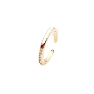 Close-up of gold-plated open ring with white enamel, red heart, and zircon details