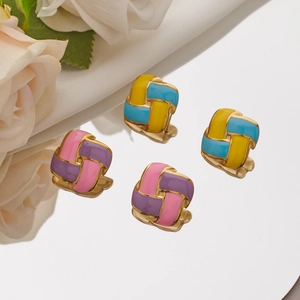 Retro Stainless Steel Enamel Geometric Stud Earrings For Women High End Gold Plated Contrast Color Quadrilateral Earrings