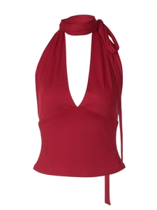 Top a fascia rosso scuro da donna con scollo a V profondo e schiena scoperta